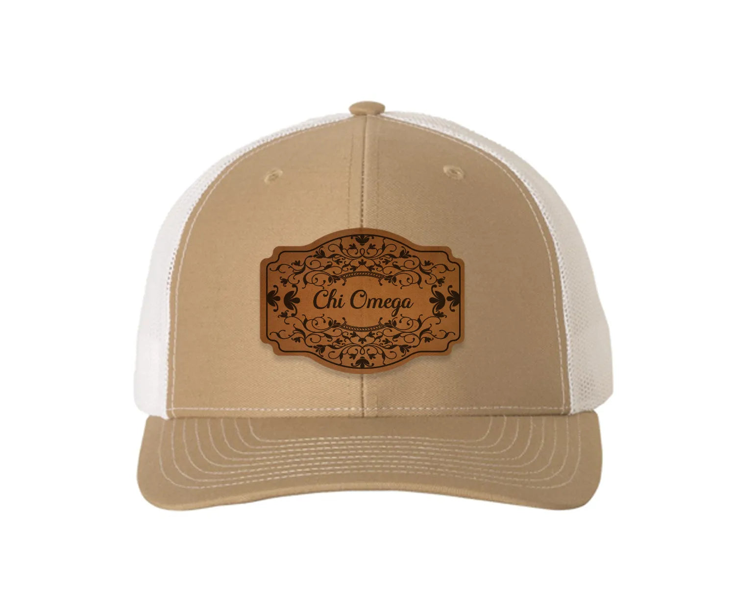 Chi Omega Richardson 112 Leatherette Patch Trucker Hat - Scroll Khaki White Trucker Hat