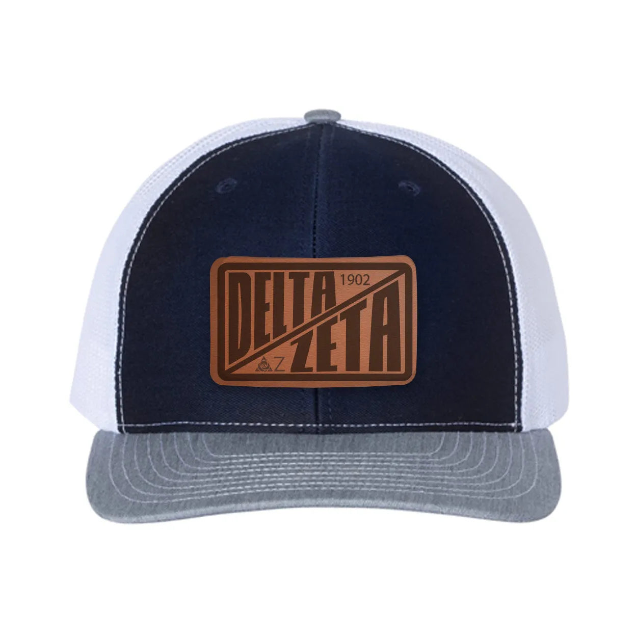 Delta Zeta Richardson 112 Leatherette Patch Trucker Hat - Divide Navy White Heather Gray Trucker Hat