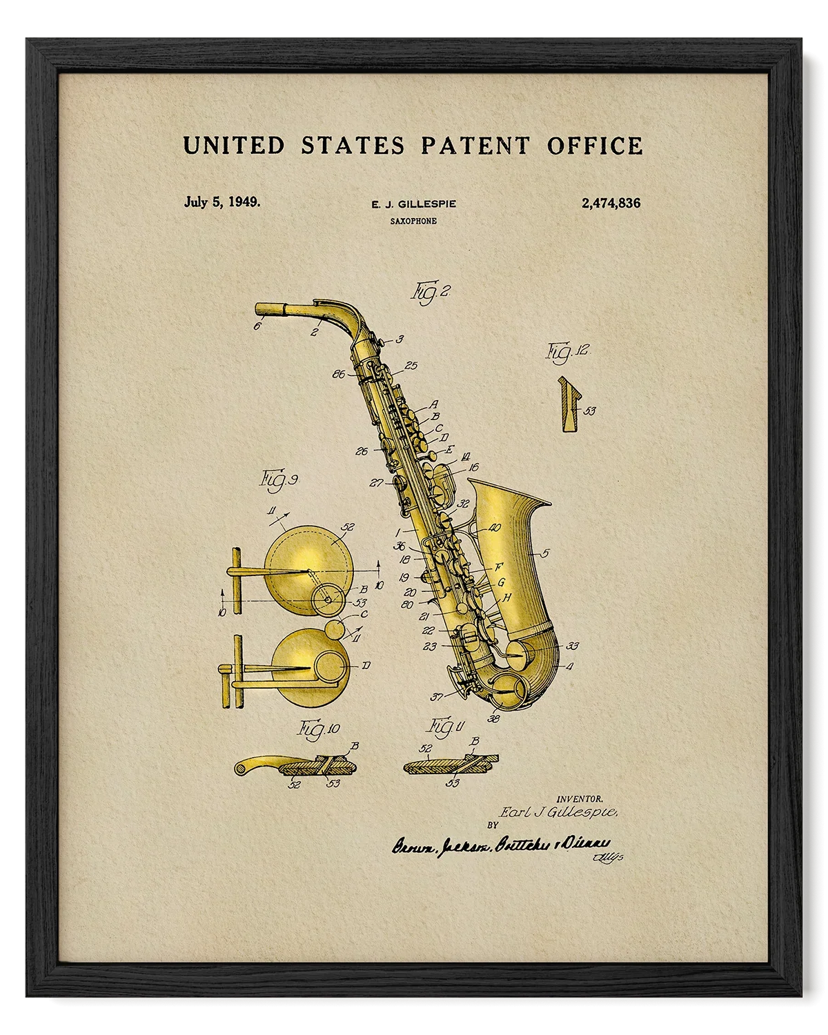 Saxophone US Patent Art Print | Music Themed Dorm Decor