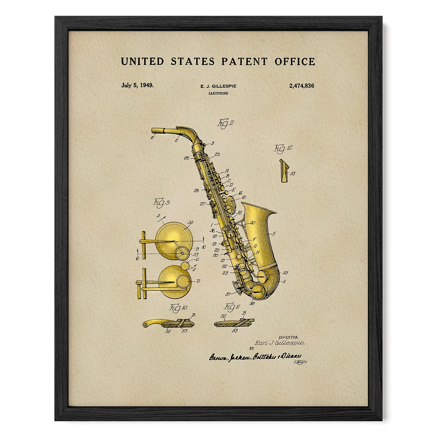 Saxophone US Patent Art Print | Music Themed Dorm Decor