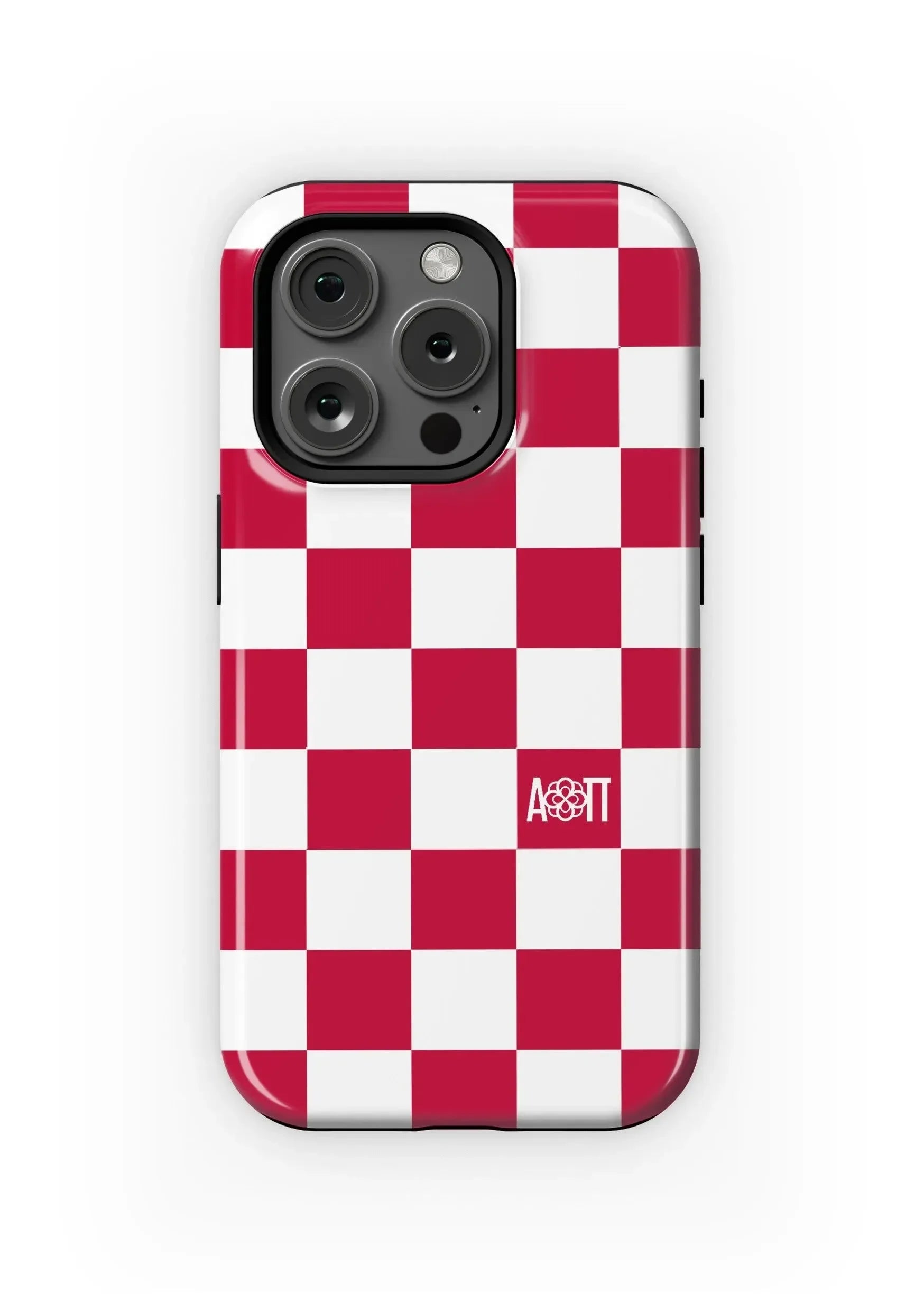 Alpha Omicron Pi iPhone 16, 15, 14 Mobile Phone Case - Red Check Gloss Mobile Phone Cases