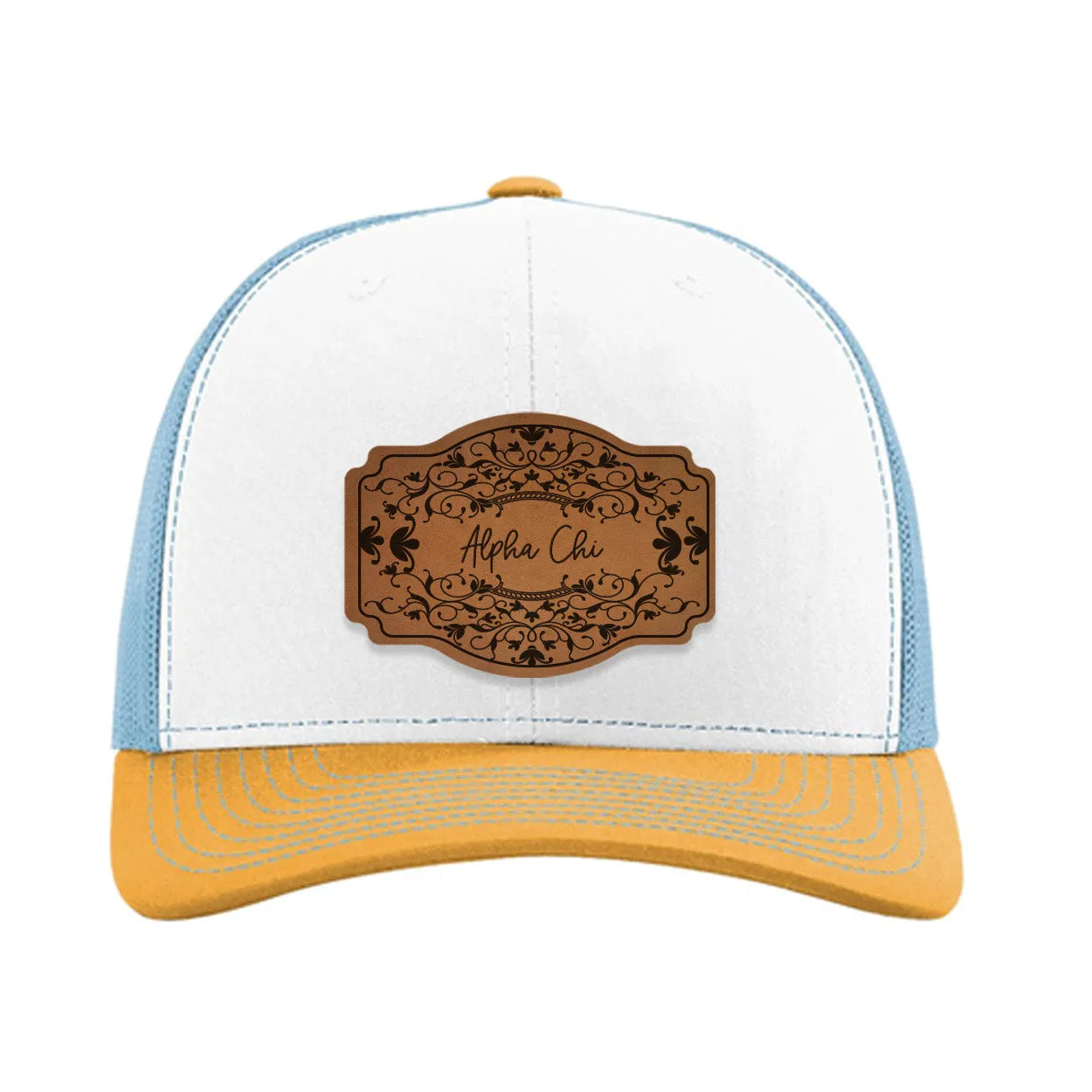 Alpha Chi Omega Richardson 112 Leatherette Patch Trucker Hat - Scroll White Blue Yellow Trucker Hat