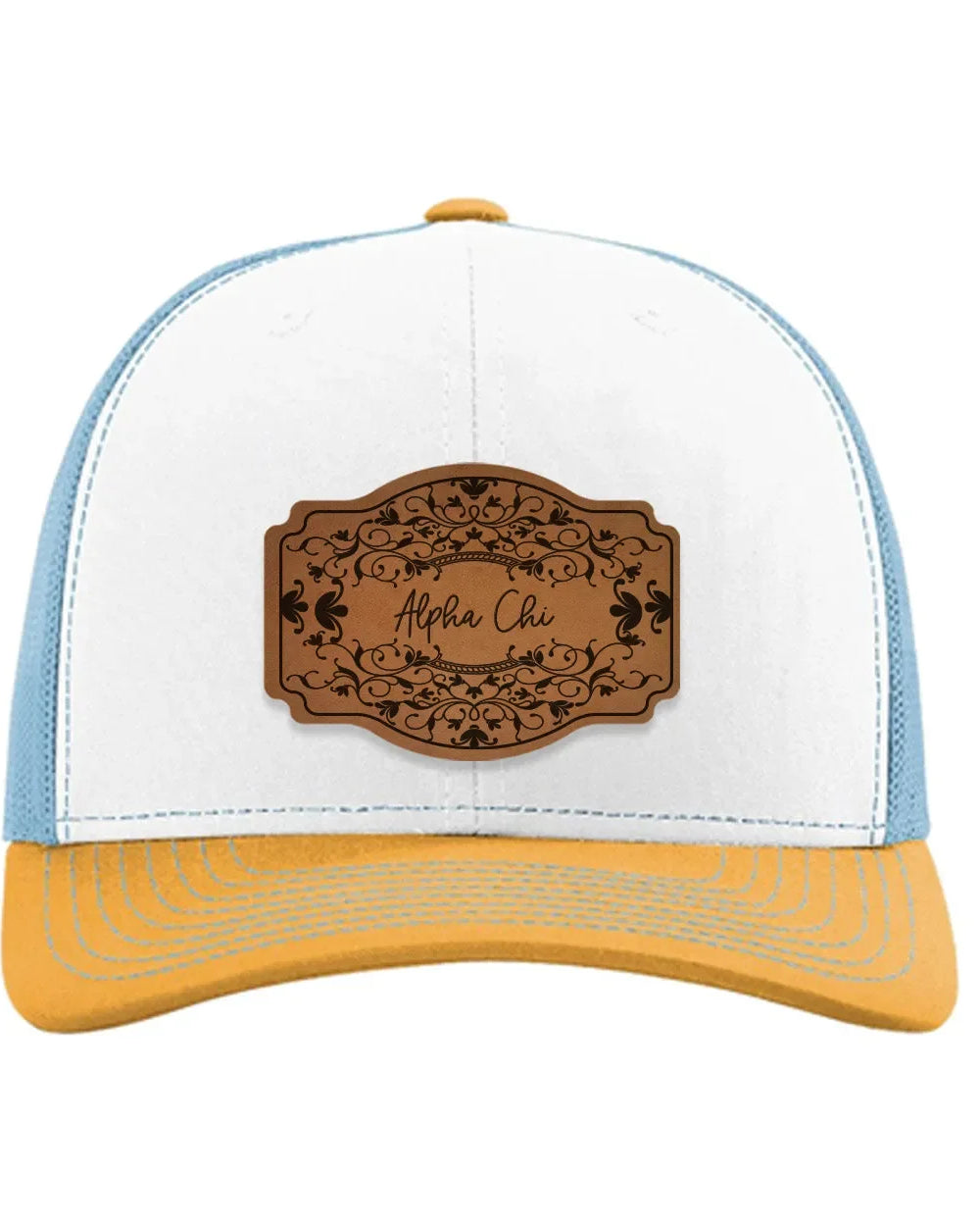 Alpha Chi Omega Richardson 112 Leatherette Patch Trucker Hat - Scroll White Blue Yellow Trucker Hat