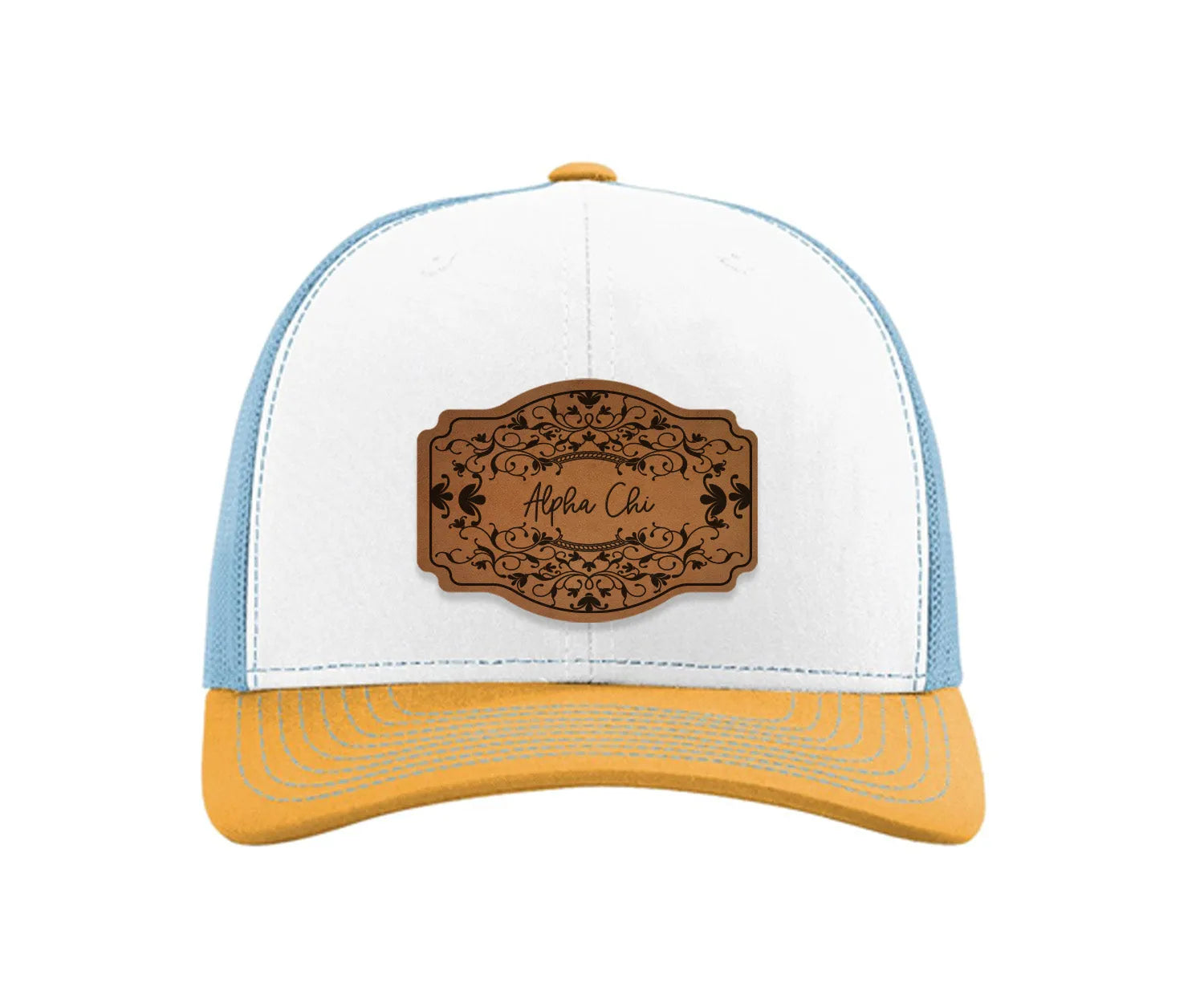 Alpha Chi Omega Richardson 112 Leatherette Patch Trucker Hat - Scroll White Blue Yellow Trucker Hat