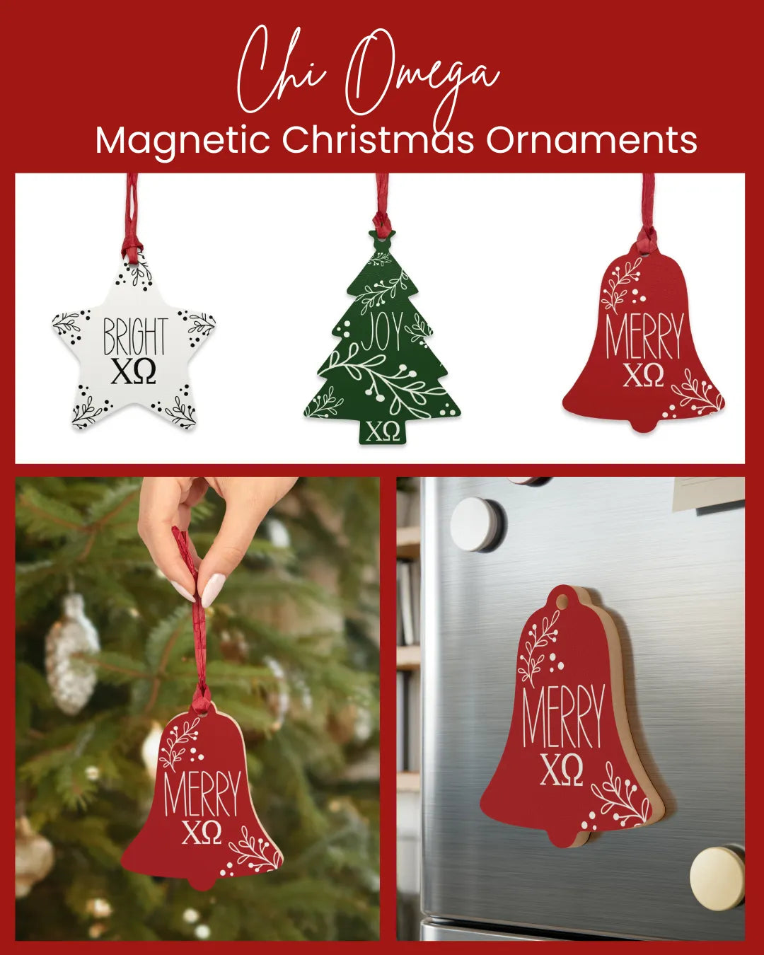 Chi Omega Wood Christmas Ornaments / Magnets (Set of 3) Holiday Ornaments