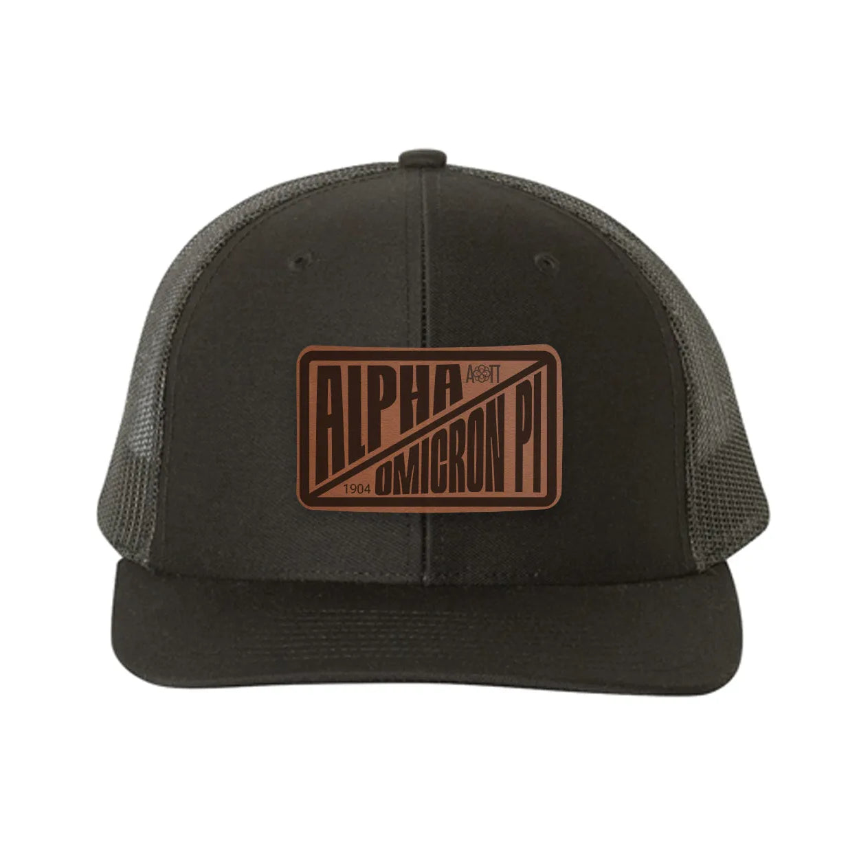 Alpha Omicron Pi Richardson 112 Leatherette Patch Trucker Hat - Divide Black Black Trucker Hat