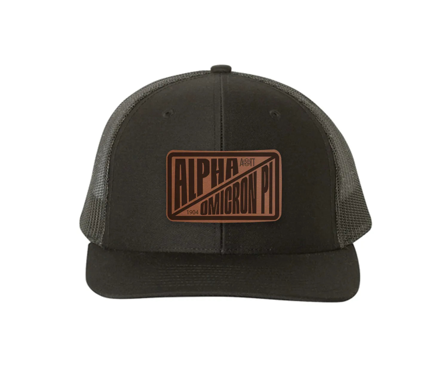Alpha Omicron Pi Richardson 112 Leatherette Patch Trucker Hat - Divide Black Black Trucker Hat