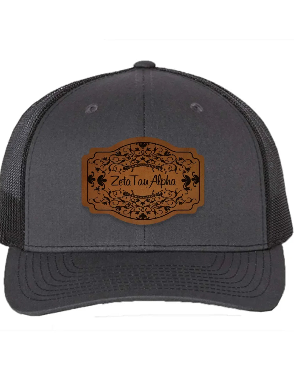 Zeta Tau Alpha Richardson 112 Leatherette Patch Trucker Hat - Scroll Charcoal Black Trucker Hat