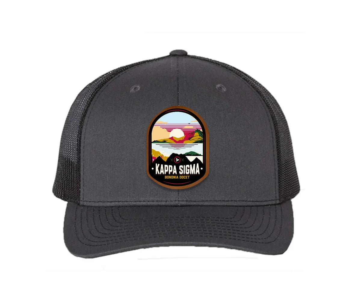 Kappa Sigma Richardson 112 UV Print Leatherette Patch Trucker Hat - Ventura Charcoal Black Trucker Hat