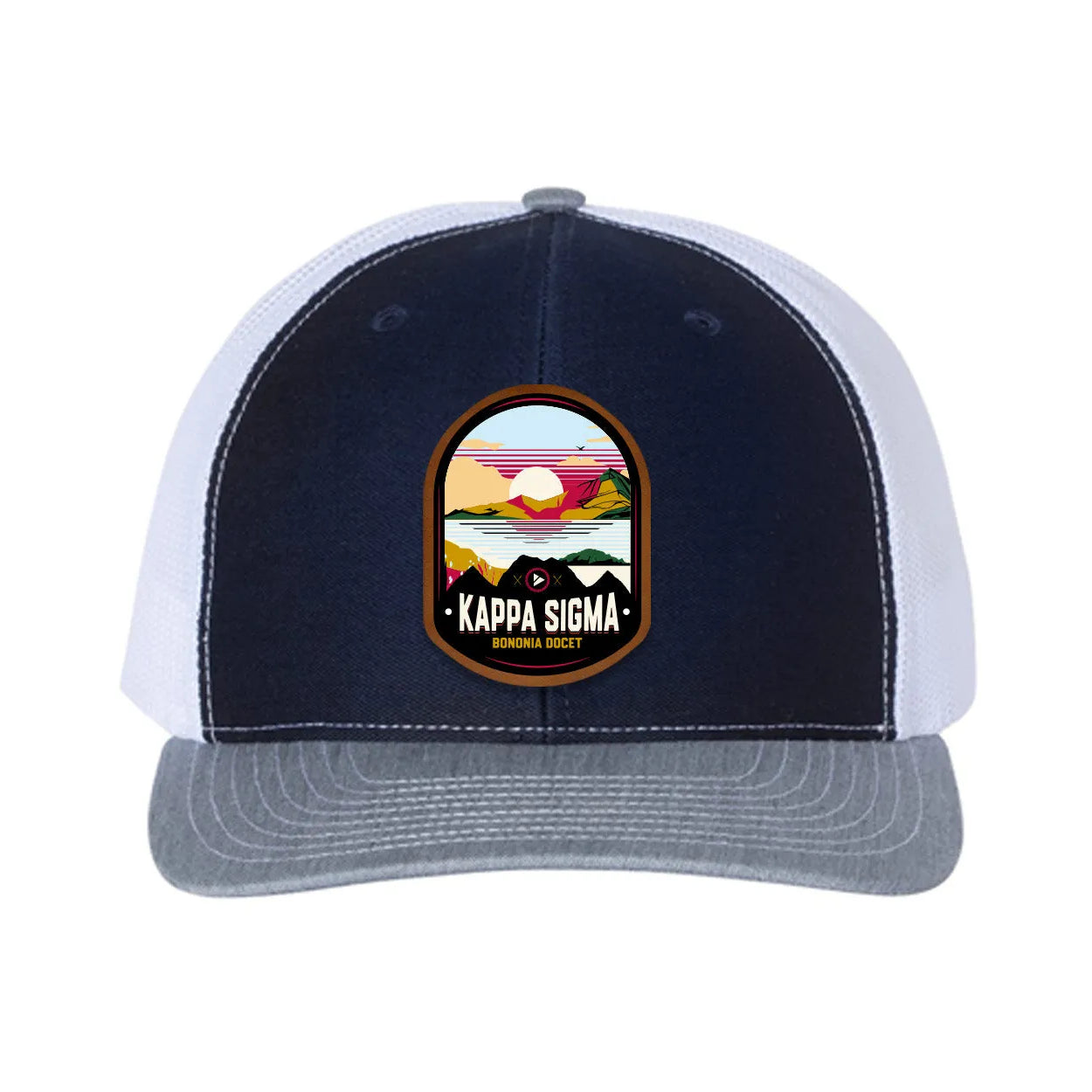 Kappa Sigma Richardson 112 UV Print Leatherette Patch Trucker Hat - Ventura Navy White Heather Cray Trucker Hat