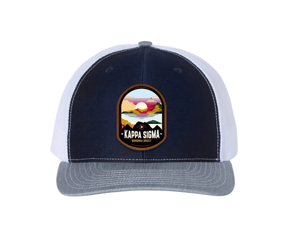 Kappa Sigma Richardson 112 UV Print Leatherette Patch Trucker Hat - Ventura Navy White Heather Cray Trucker Hat