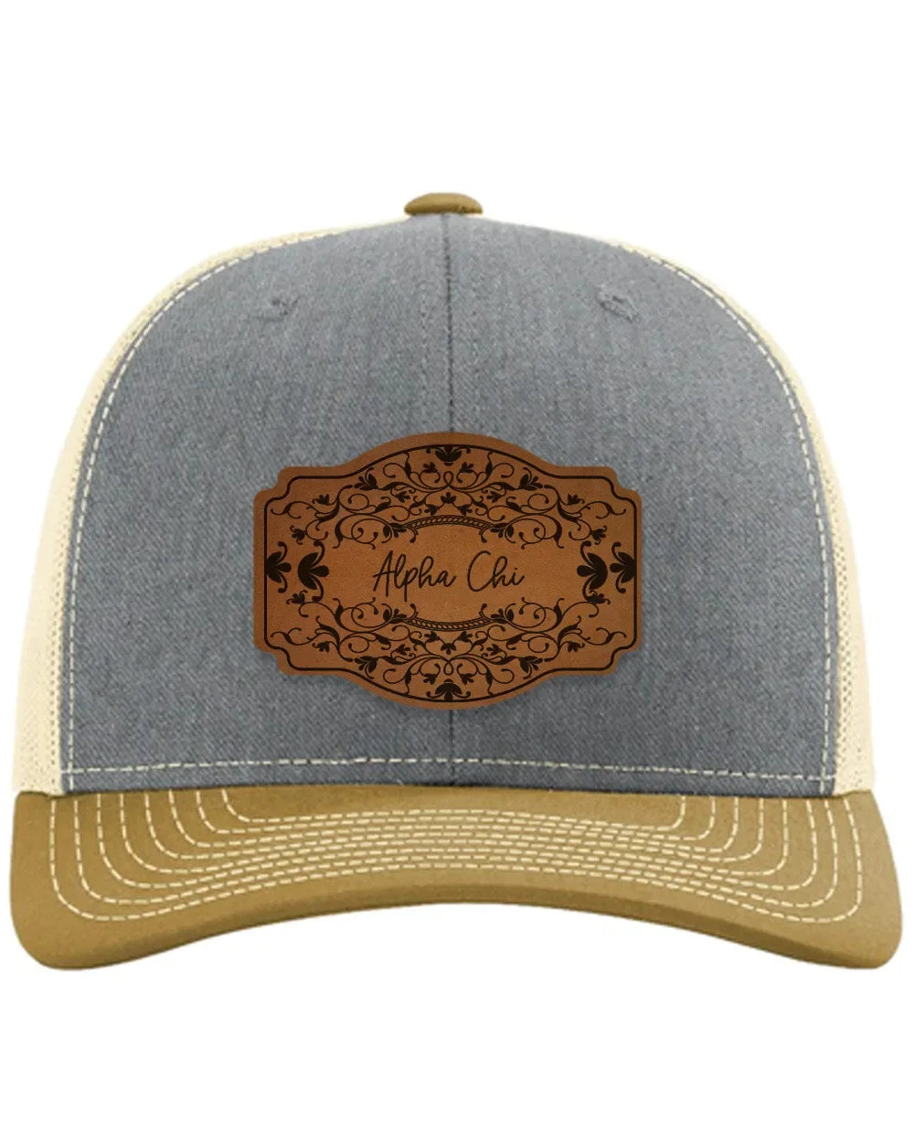 Alpha Chi Omega Richardson 112 Leatherette Patch Trucker Hat - Scroll Heather Gray Birch Amber Gold Trucker Hat