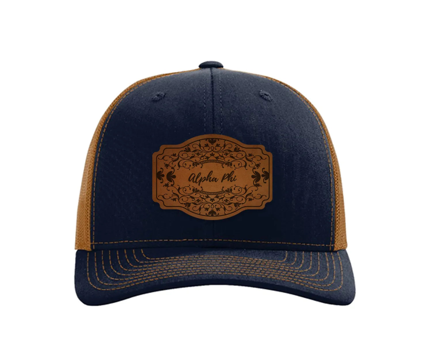 Alpha Phi Richardson 112 Leatherette Patch Trucker Hat - Scroll Navy Caramel Trucker Hat