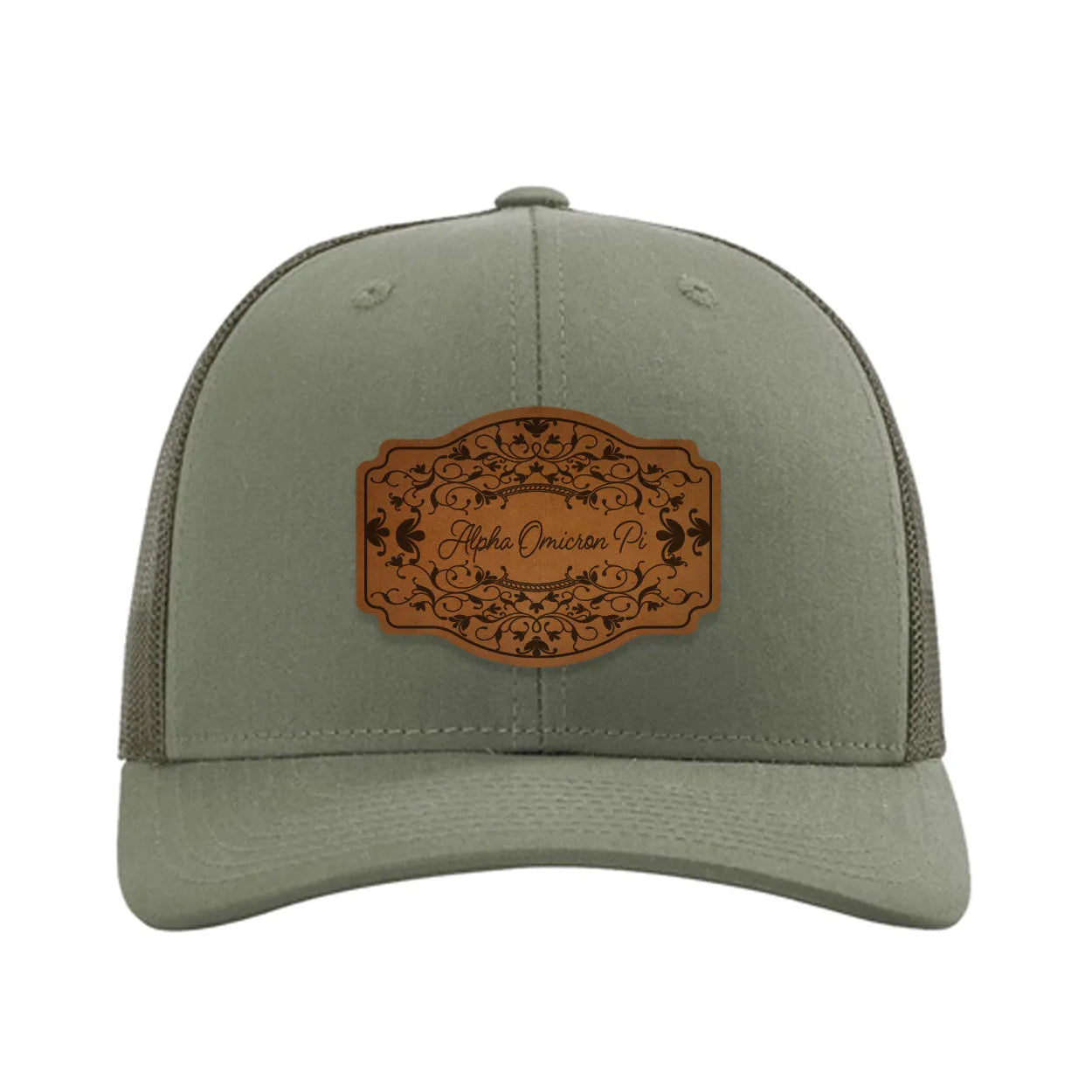 Alpha Omicron Pi Richardson 112 Leatherette Patch Trucker Hat - Scroll Loden Trucker Hat