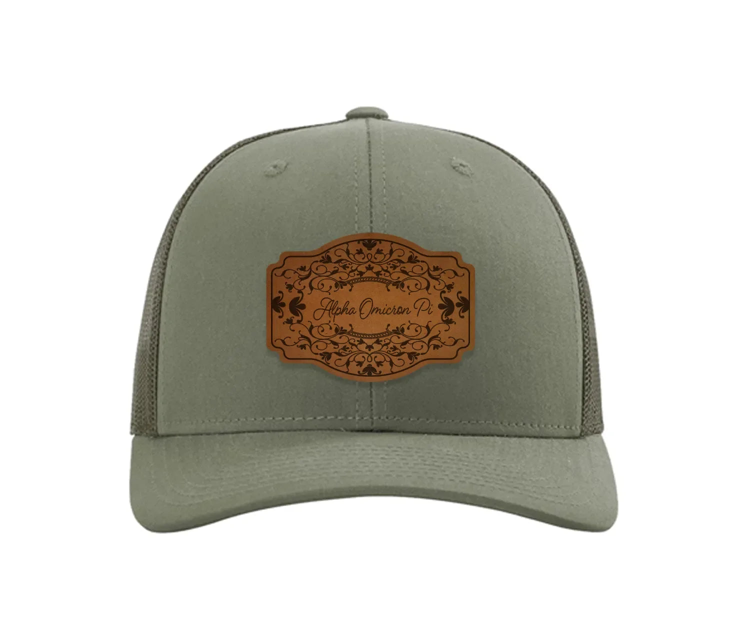 Alpha Omicron Pi Richardson 112 Leatherette Patch Trucker Hat - Scroll Loden Trucker Hat
