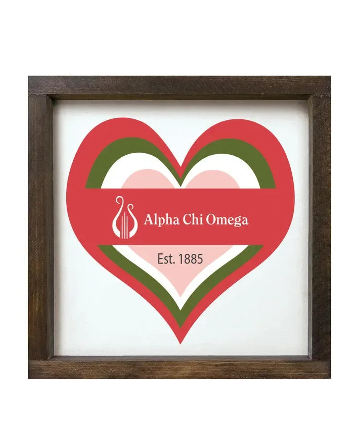 Alpha Chi Omega 12x12 Wood Framed Sign - Heart Walnut Stain Wall Art & Signs