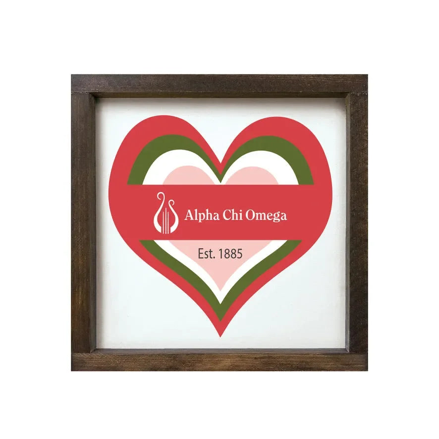 Alpha Chi Omega 12x12 Wood Framed Sign - Heart Walnut Stain Wall Art & Signs