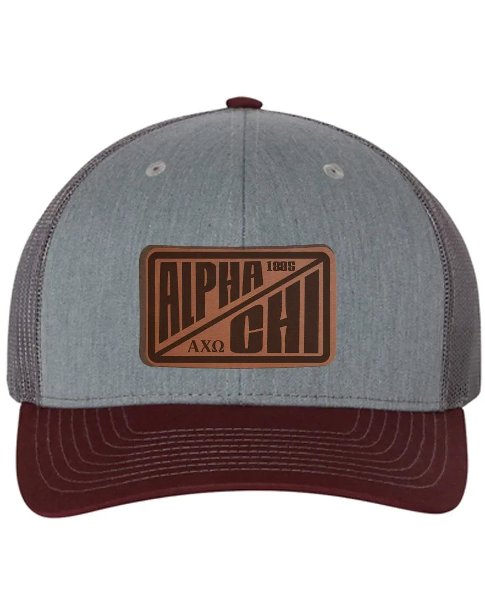 Alpha Chi Omega Richardson 112 Leatherette Patch Trucker Hat - Divide Heather Gray Charcoal Maroon Trucker Hat