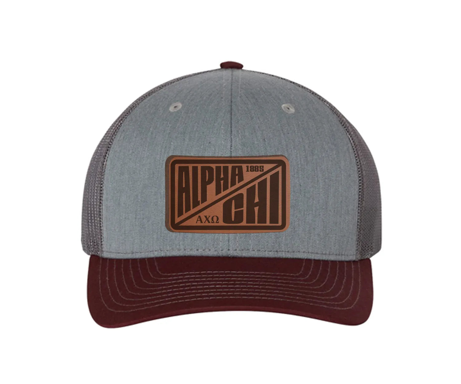 Alpha Chi Omega Richardson 112 Leatherette Patch Trucker Hat - Divide Heather Gray Charcoal Maroon Trucker Hat