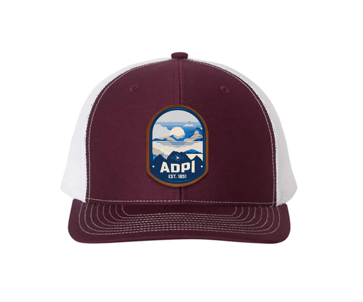 Alpha Delta Pi Richardson 112 UV Print Leatherette Patch Trucker Hat - Ventura Maroon White Trucker Hat