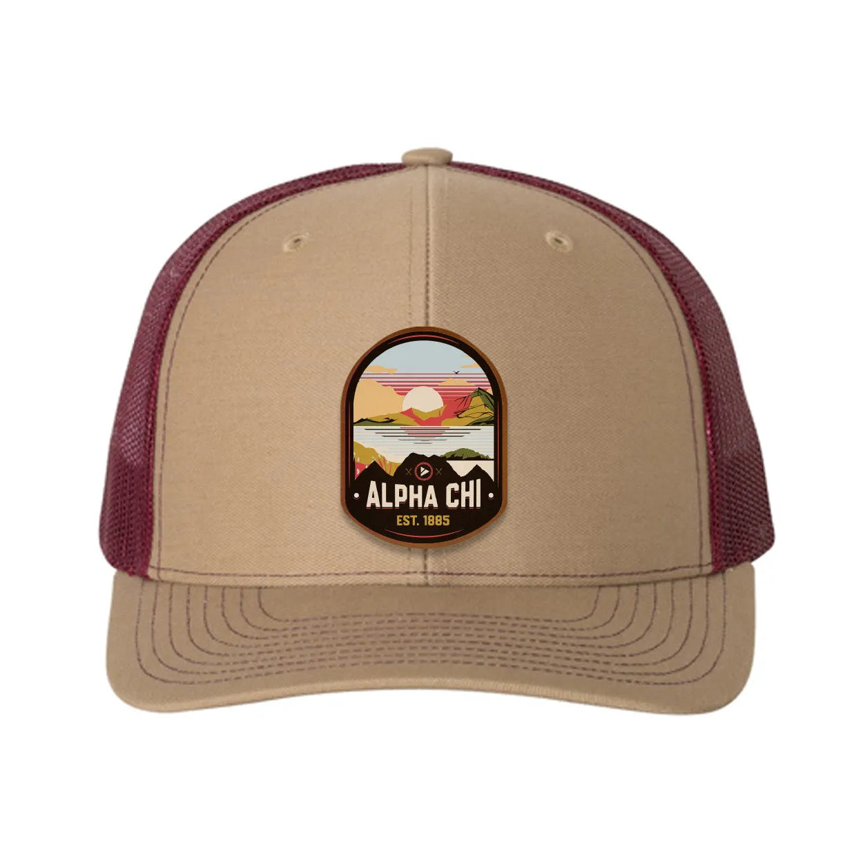 Alpha Chi Omega Richardson 112 UV Print Leatherette Patch Trucker Hat - Ventura Khaki Burgundy Trucker Hat