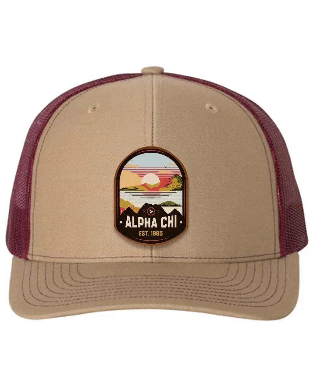 Alpha Chi Omega Richardson 112 UV Print Leatherette Patch Trucker Hat - Ventura Khaki Burgundy Trucker Hat