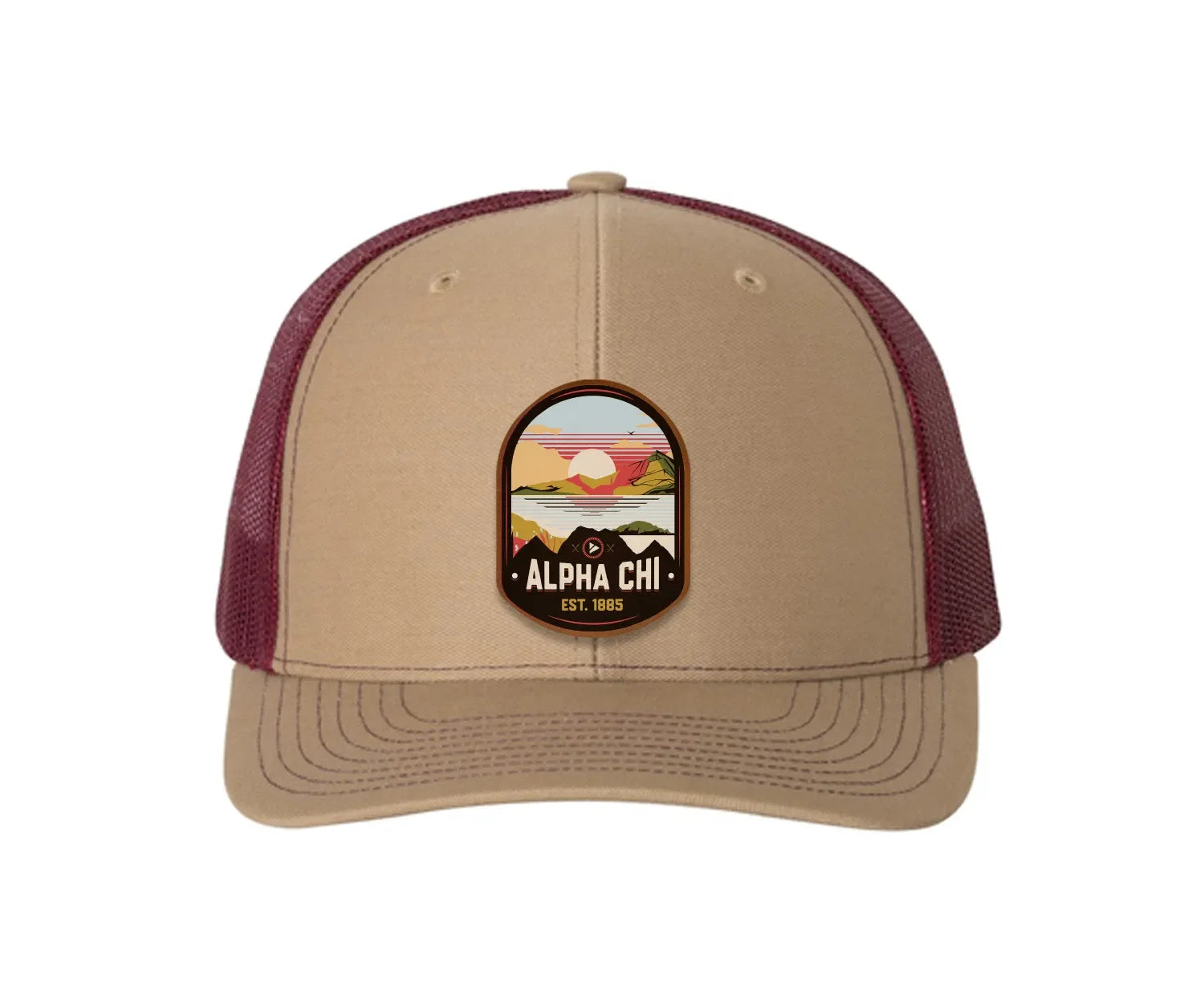 Alpha Chi Omega Richardson 112 UV Print Leatherette Patch Trucker Hat - Ventura Khaki Burgundy Trucker Hat