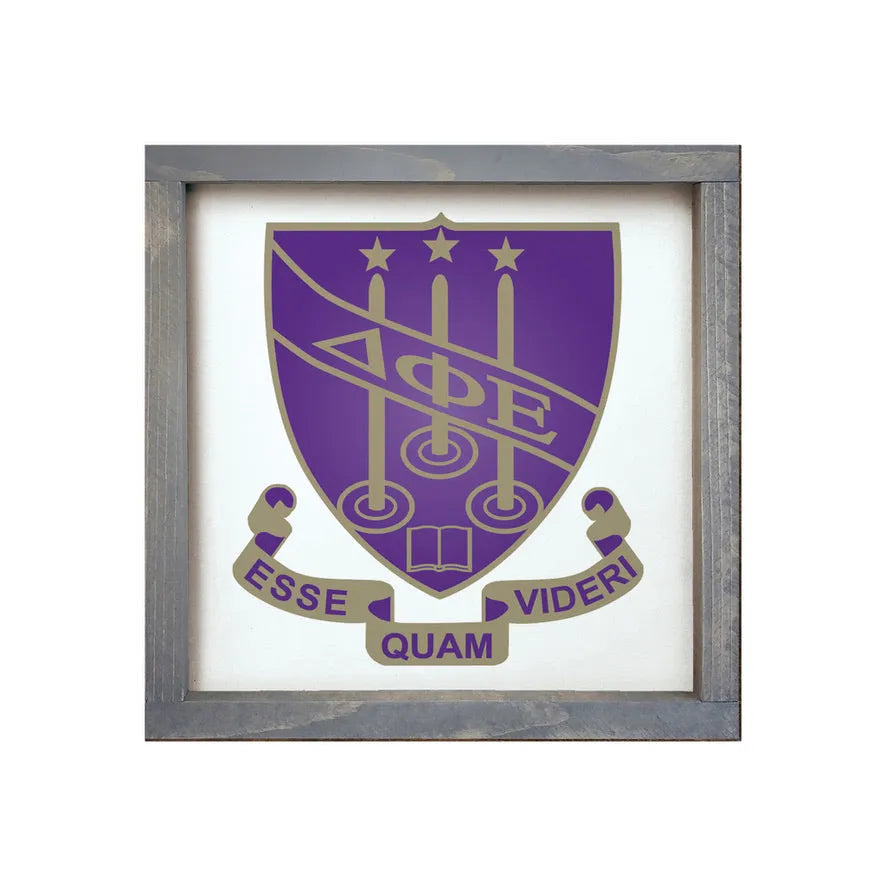 Delta Phi Epsilon 12x12 Wood Framed Sign - Crest Weathered Gray Wall Art & Signs