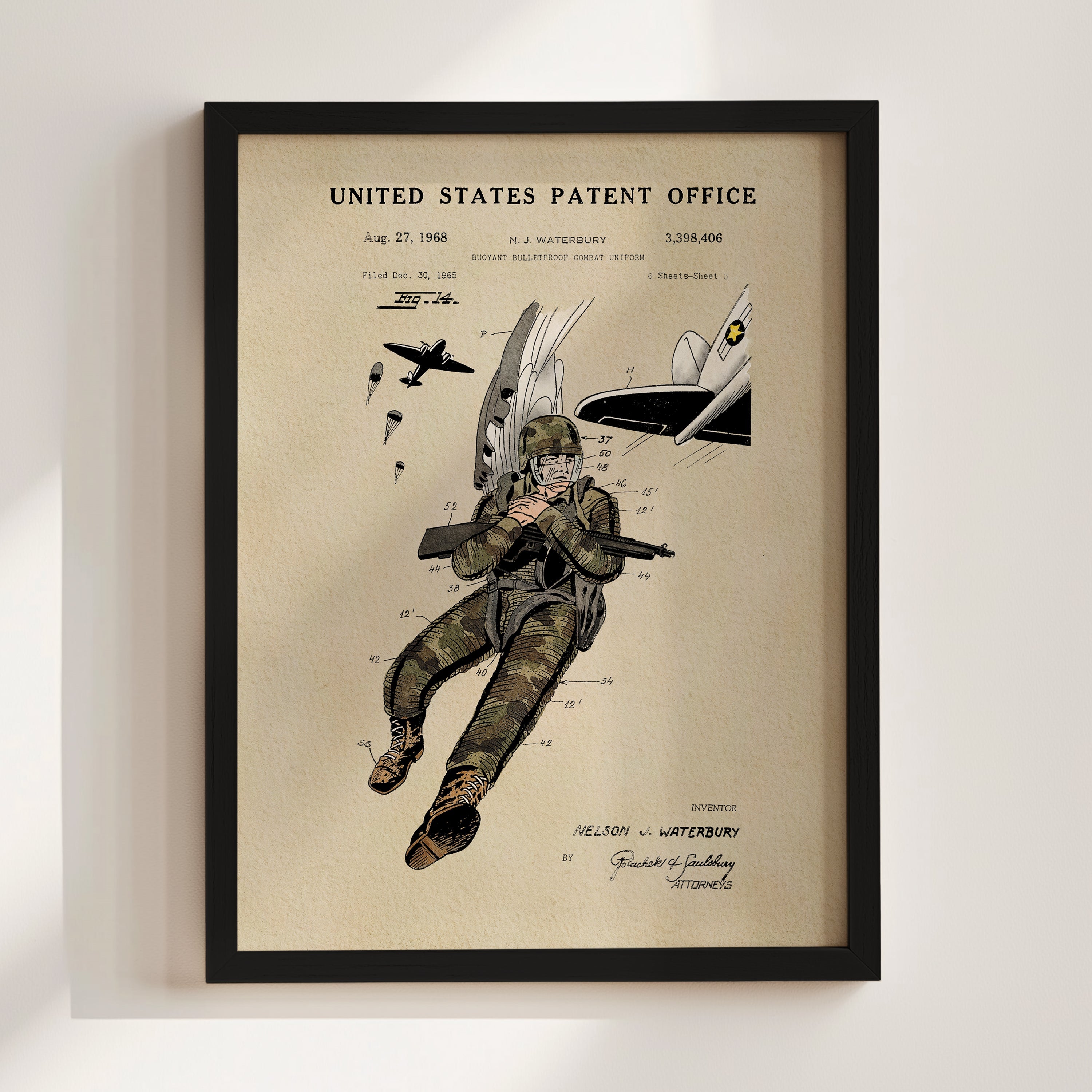Combat Suit US Patent Art Print | Patriotic Decor | Vintage Style Wall Art | Campus Greek Fit
