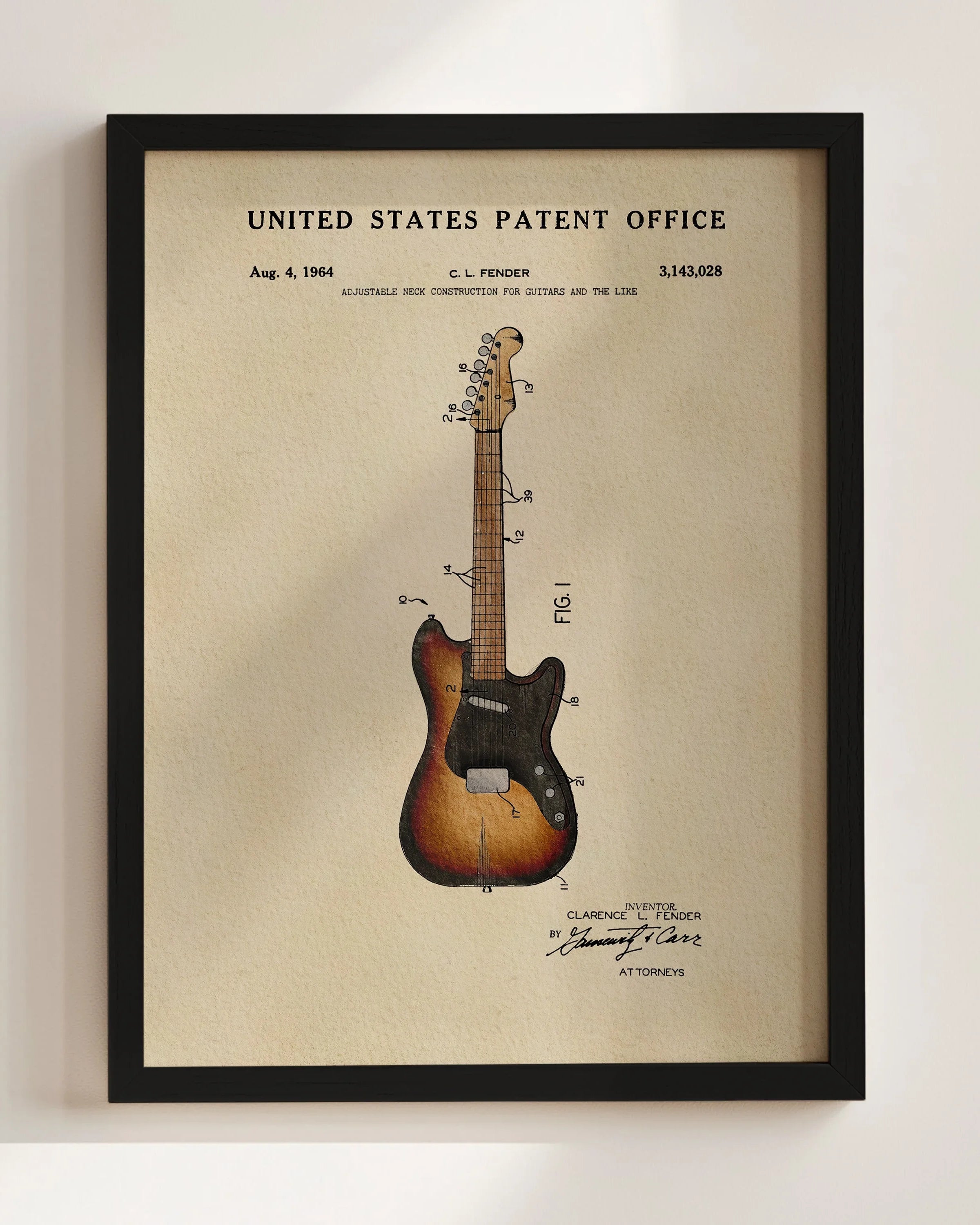 Fender Stratocaster Patent Art Print | Dorm Decor for Music Lovers
