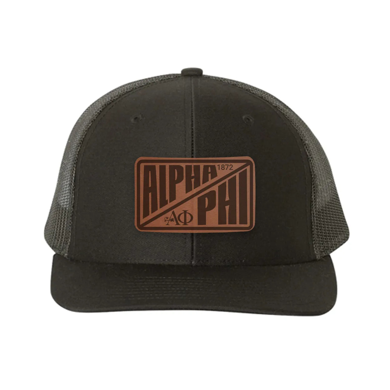 Alpha Phi Richardson 112 Leatherette Patch Trucker Hat - Divide Black Black Trucker Hat