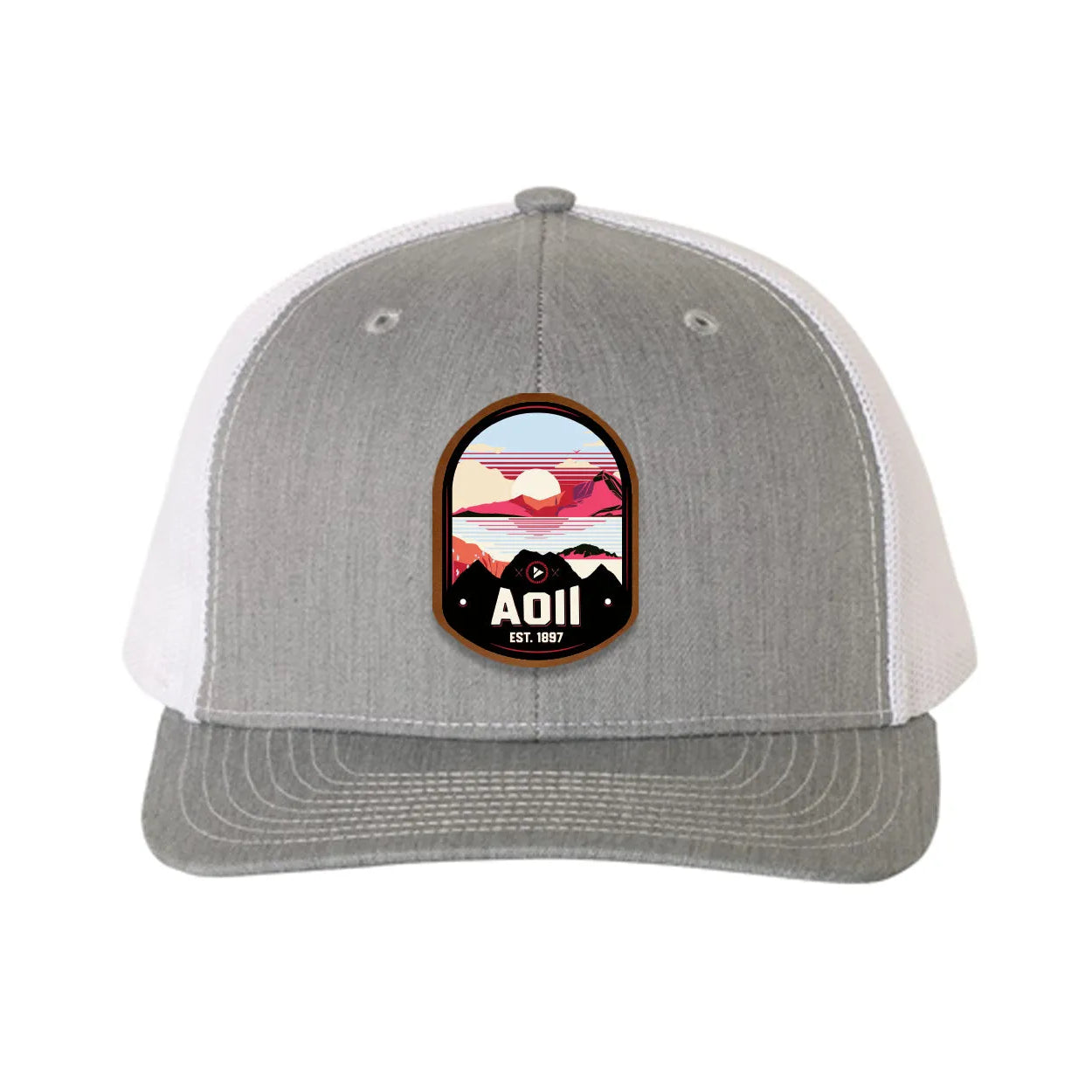 Alpha Omicron Pi Richardson 112 UV Print Leatherette Patch Trucker Hat - Ventura Heather Gray White Trucker Hat