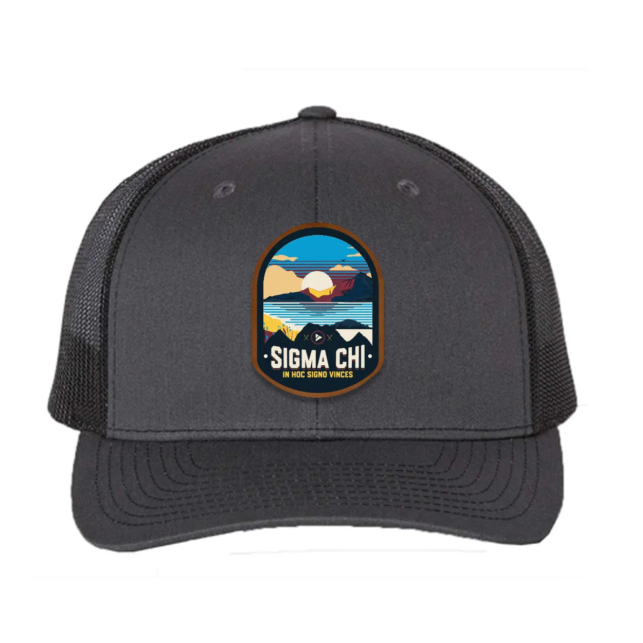 Sigma Chi Richardson 112 UV Print Leatherette Patch Trucker Hat - Ventura Charcoal Black Trucker Hat
