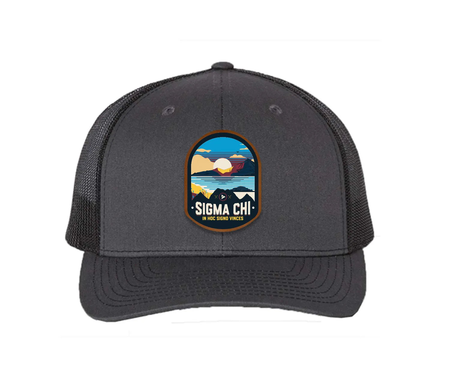 Sigma Chi Richardson 112 UV Print Leatherette Patch Trucker Hat - Ventura Charcoal Black Trucker Hat