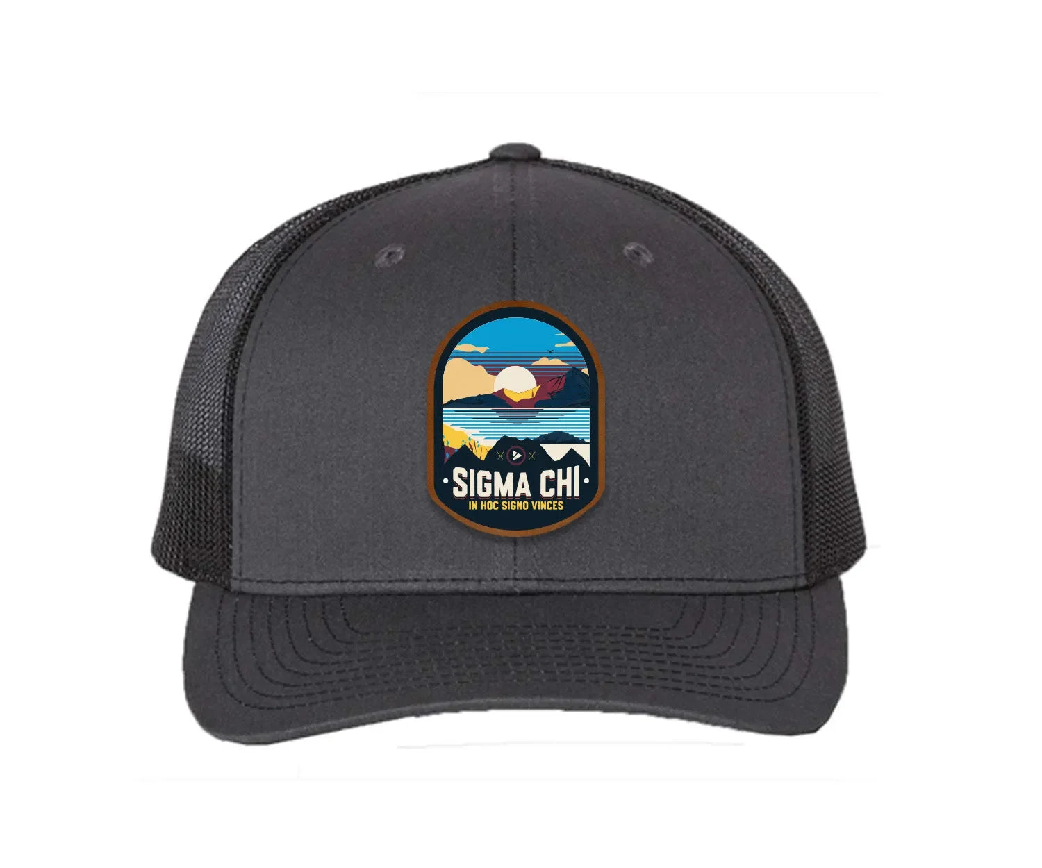 Sigma Chi Richardson 112 UV Print Leatherette Patch Trucker Hat - Ventura Charcoal Black Trucker Hat