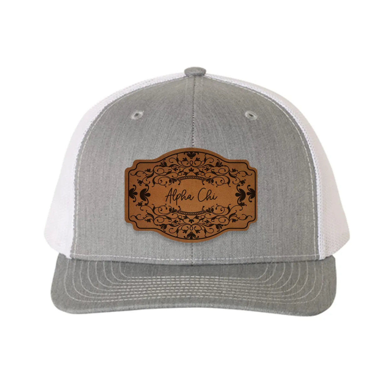 Alpha Chi Omega Richardson 112 Leatherette Patch Trucker Hat - Scroll Heather Gray White Trucker Hat