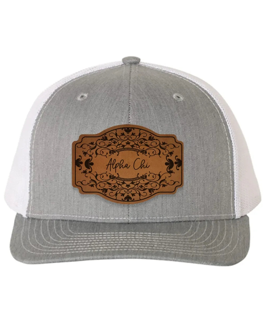 Alpha Chi Omega Richardson 112 Leatherette Patch Trucker Hat - Scroll Heather Gray White Trucker Hat