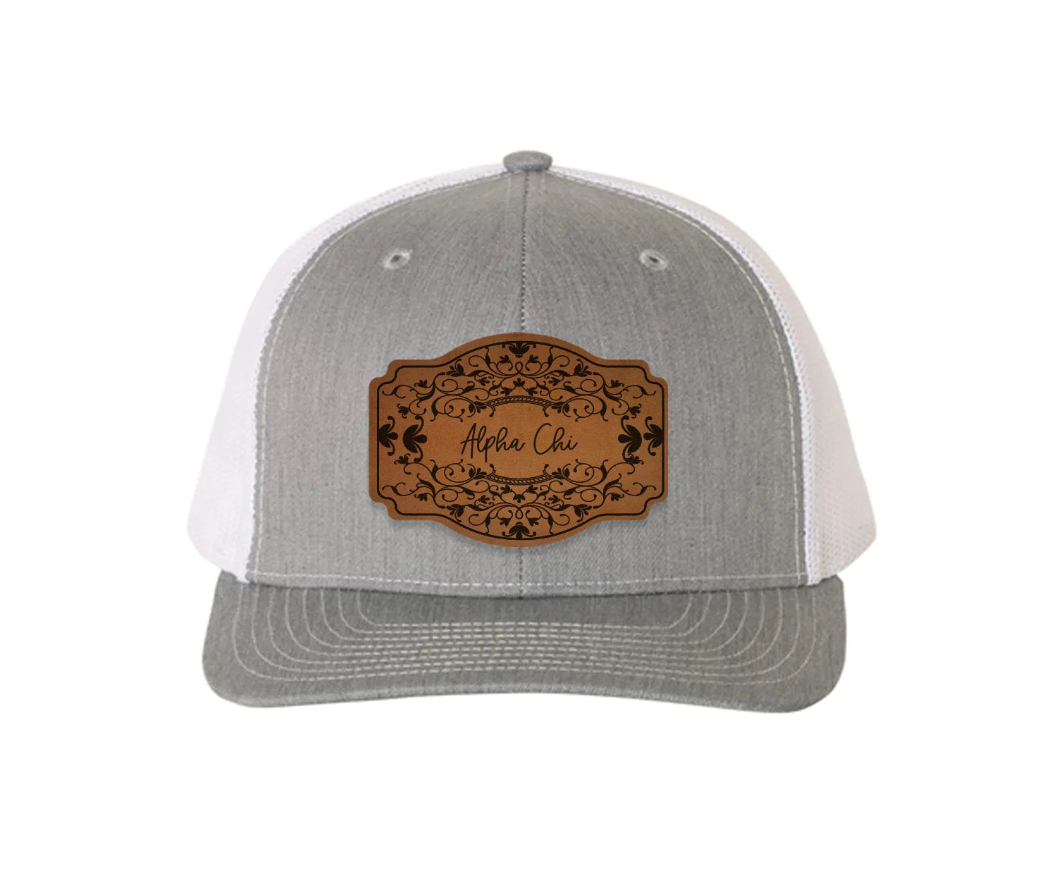 Alpha Chi Omega Richardson 112 Leatherette Patch Trucker Hat - Scroll Heather Gray White Trucker Hat