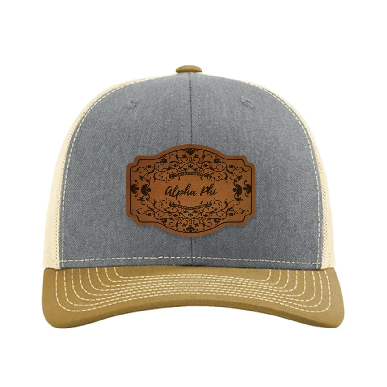 Alpha Phi Richardson 112 Leatherette Patch Trucker Hat - Scroll Heather Gray Birch Amber Gold Trucker Hat