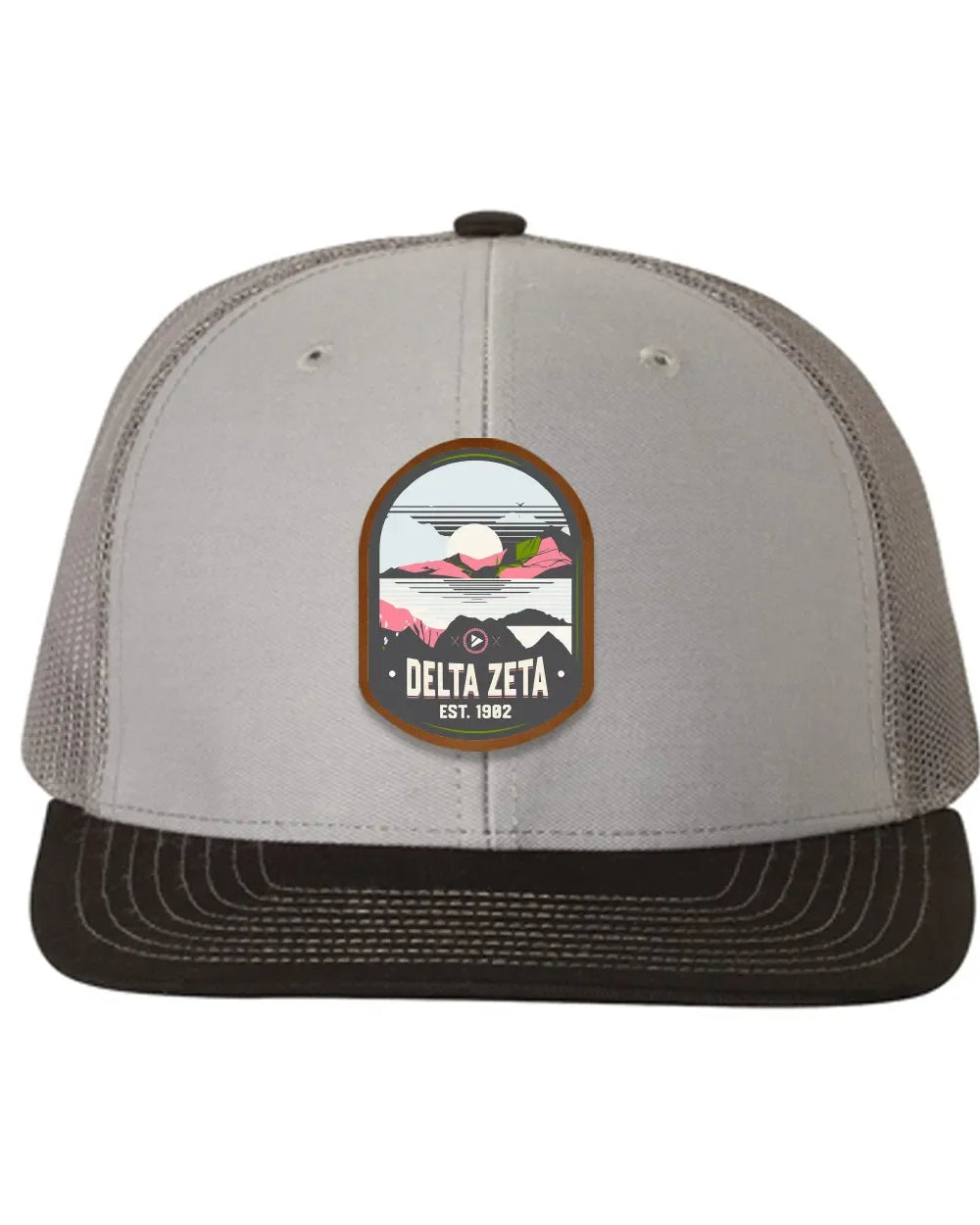Delta Zeta Richardson 112 UV Print Leatherette Patch Trucker Hat - Ventura Charcoal Black Trucker Hat