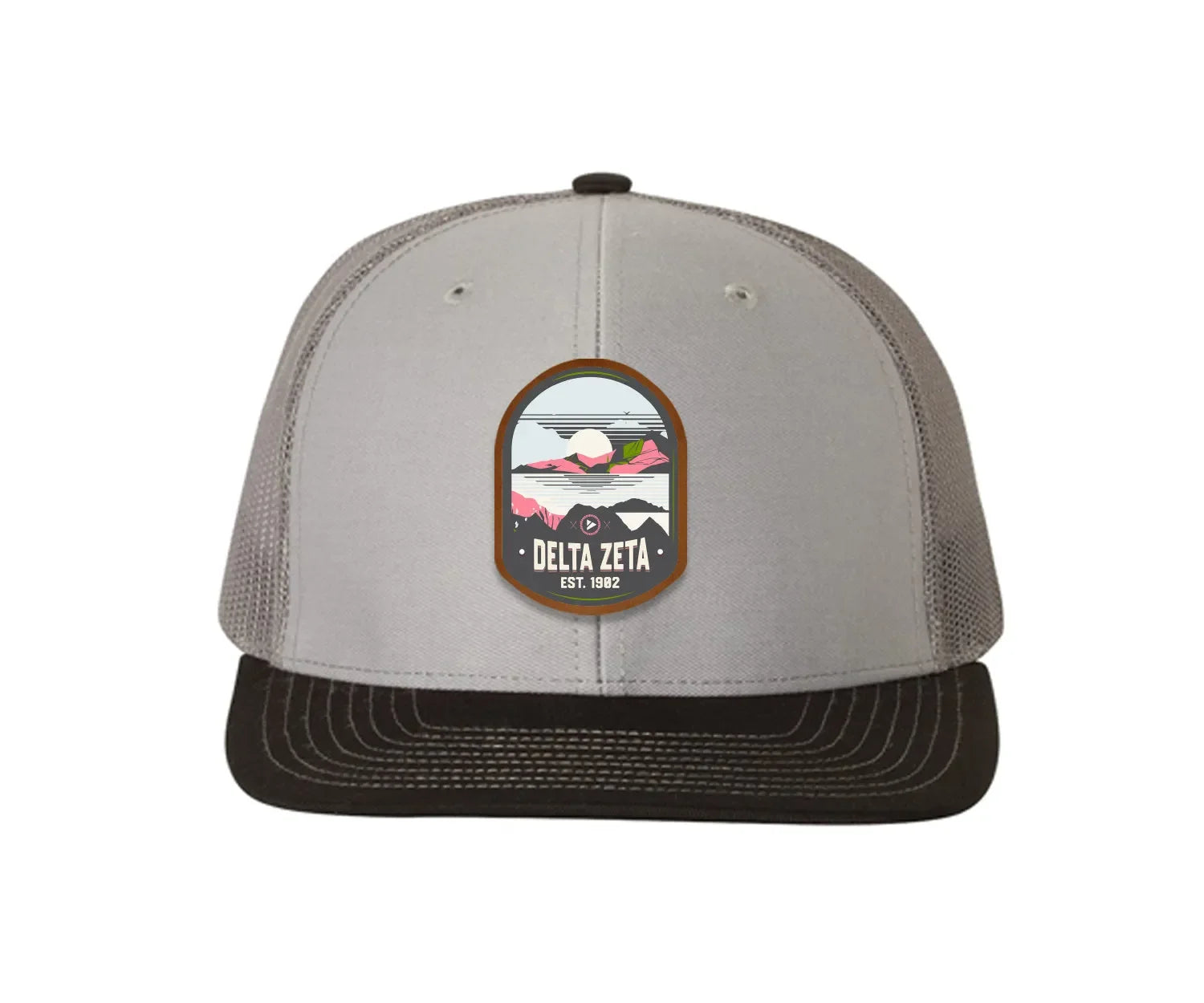 Delta Zeta Richardson 112 UV Print Leatherette Patch Trucker Hat - Ventura Charcoal Black Trucker Hat