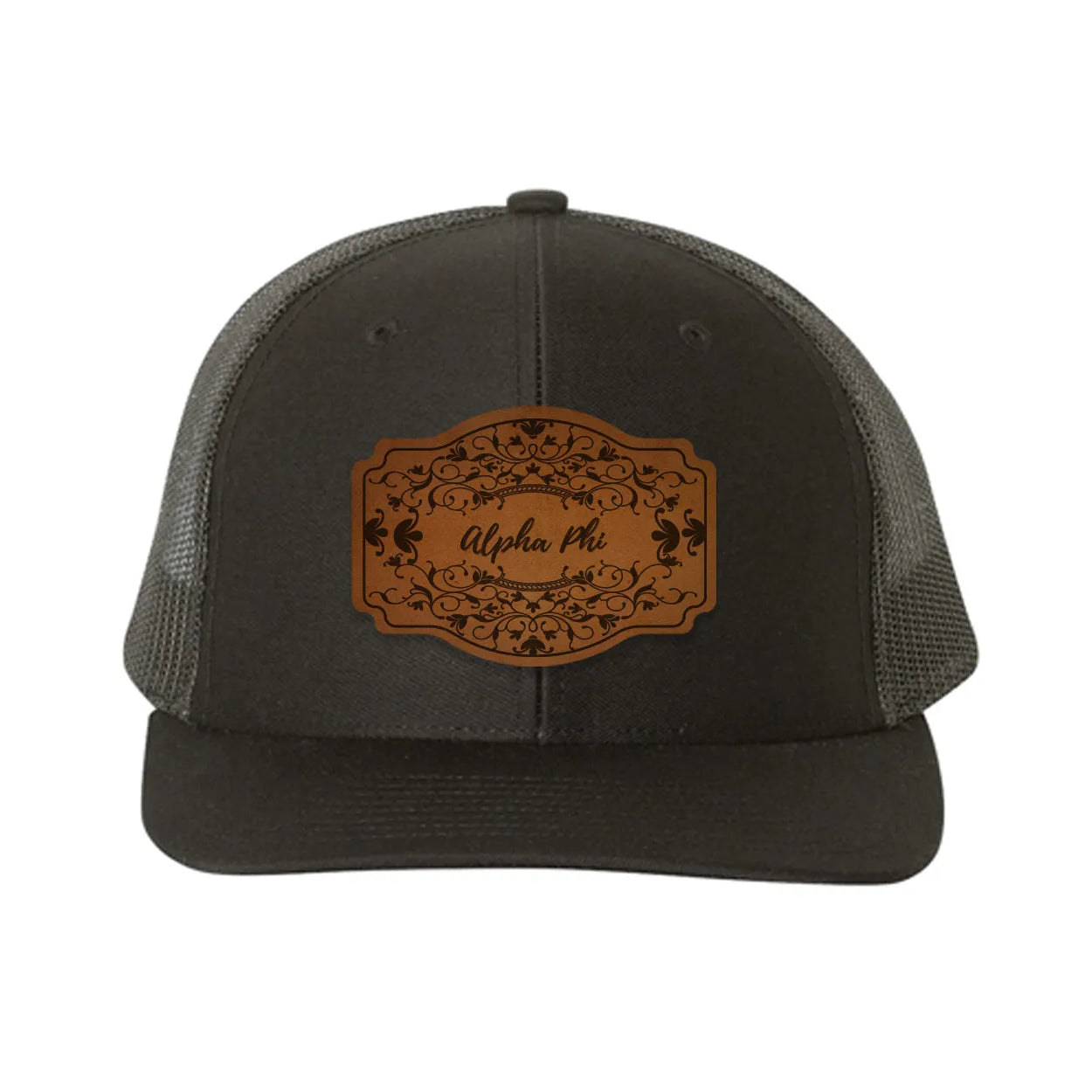 Alpha Phi Richardson 112 Leatherette Patch Trucker Hat - Scroll Black Black Trucker Hat