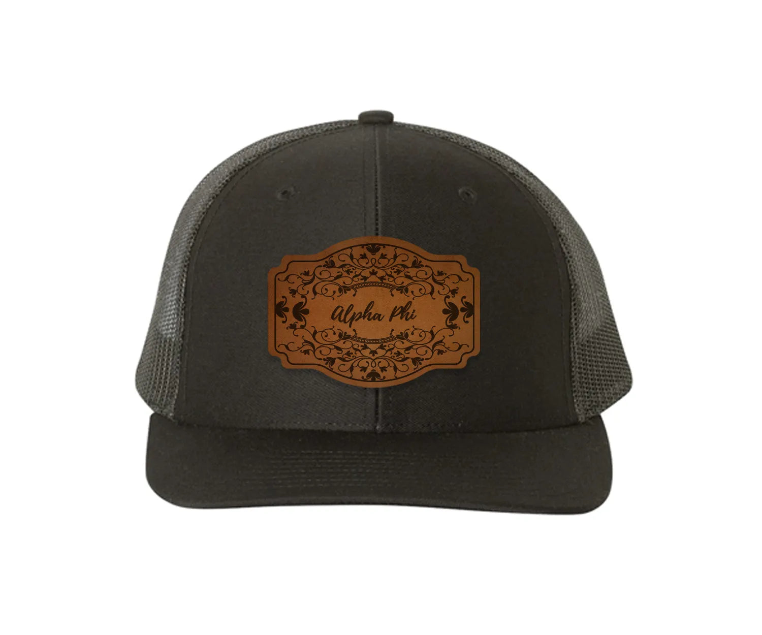 Alpha Phi Richardson 112 Leatherette Patch Trucker Hat - Scroll Black Black Trucker Hat