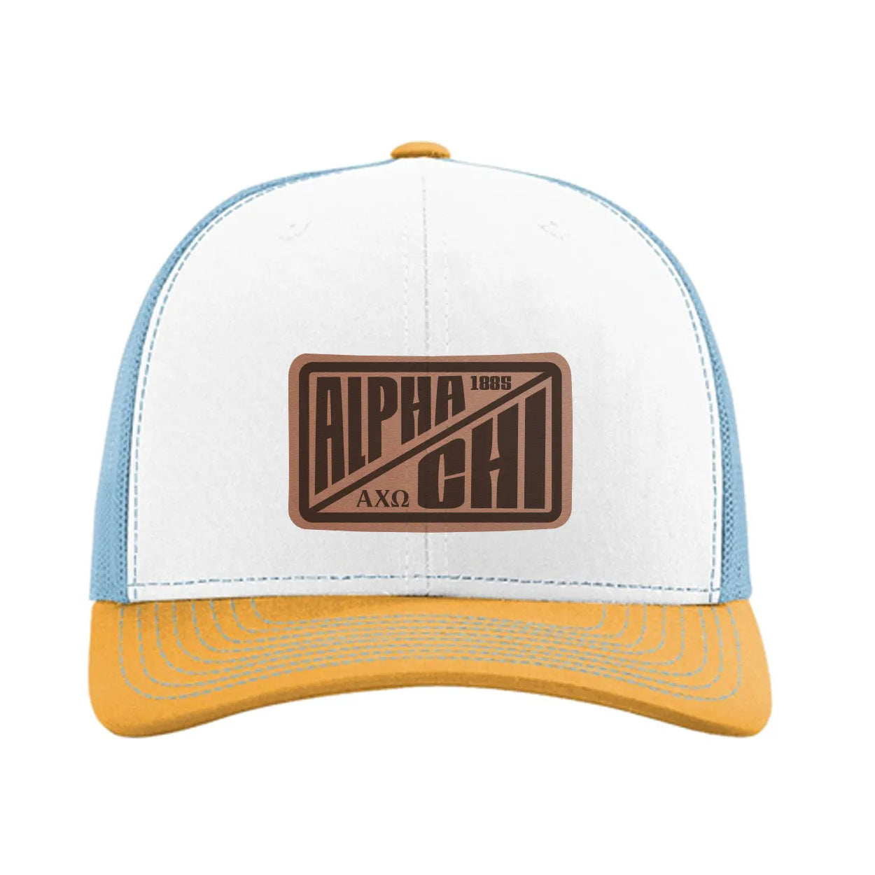 Alpha Chi Omega Richardson 112 Leatherette Patch Trucker Hat - Divide White Blue Yellow Trucker Hat