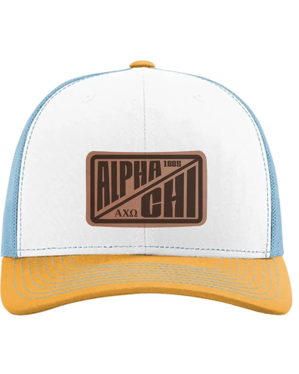 Alpha Chi Omega Richardson 112 Leatherette Patch Trucker Hat - Divide White Blue Yellow Trucker Hat