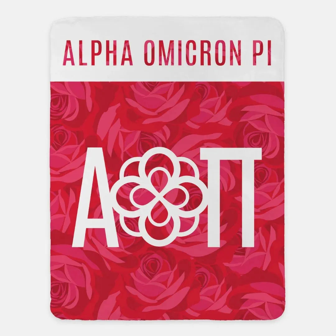 Alpha Omicron Pi XL 60x80 Sherpa Blanket Rose Pattern Wide Band Throw Blankets