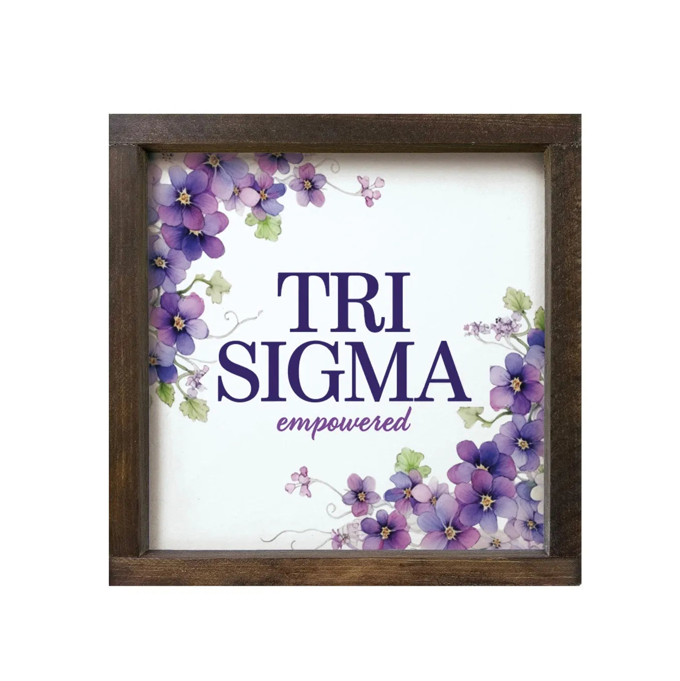 Tri Sigma 12x12 Wood Framed Sign - Violet Frame Walnut Stain Wall Art & Signs