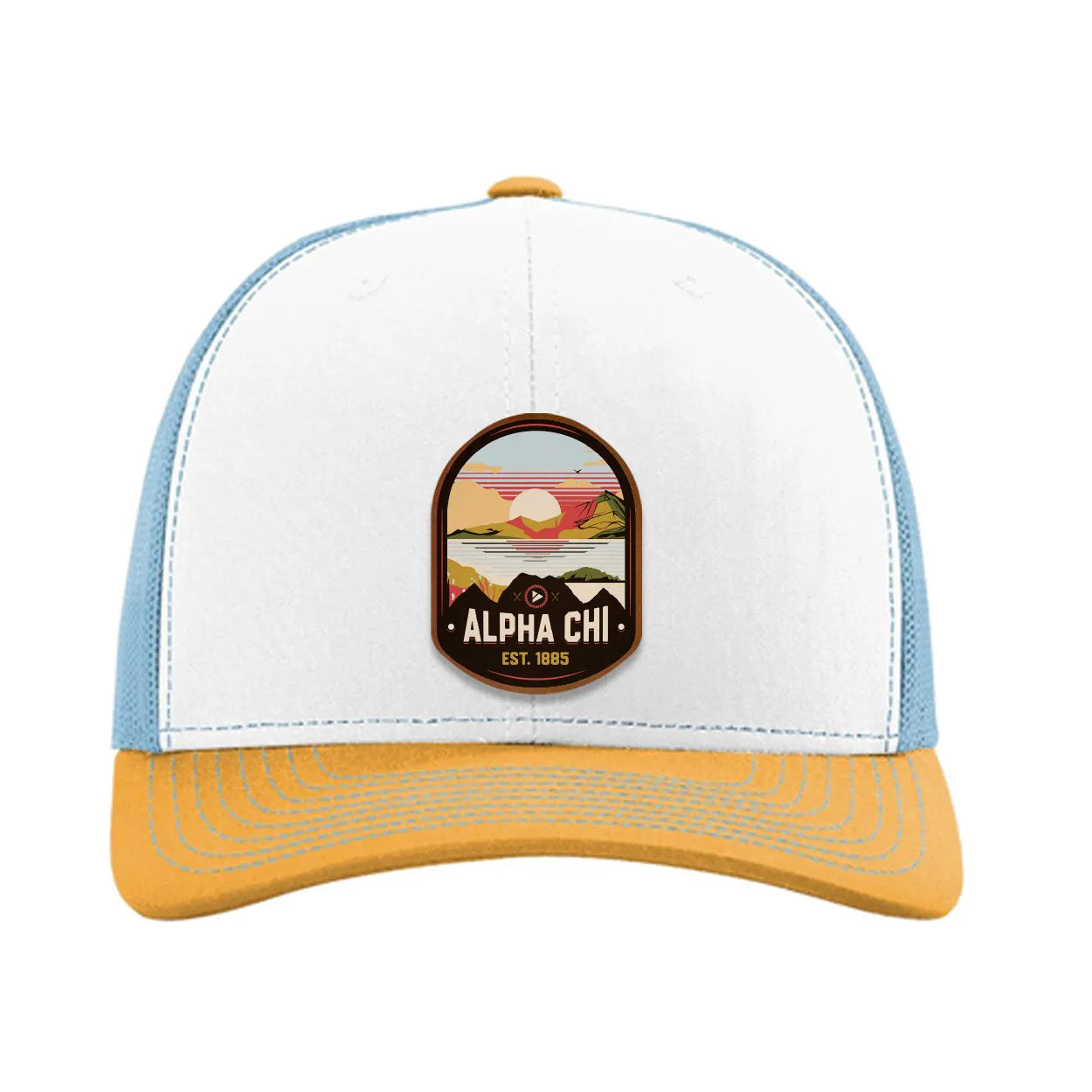 Alpha Chi Omega Richardson 112 UV Print Leatherette Patch Trucker Hat - Ventura White Blue Yellow Trucker Hat