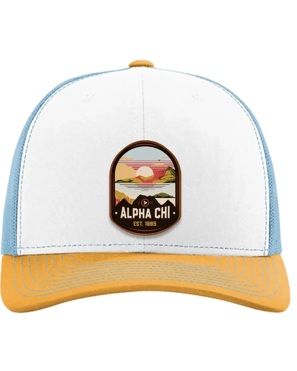 Alpha Chi Omega Richardson 112 UV Print Leatherette Patch Trucker Hat - Ventura White Blue Yellow Trucker Hat