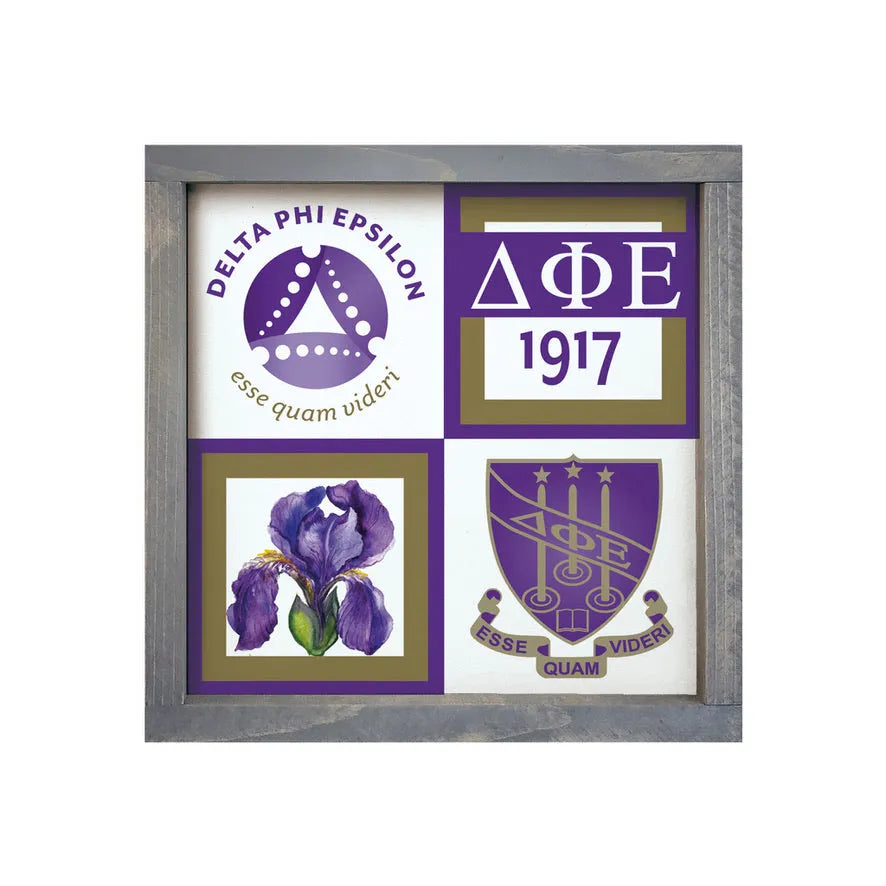 Delta Phi Epsilon 12x12 Wood Framed Sign - Classic Color Block Weathered Gray Wall Art & Signs